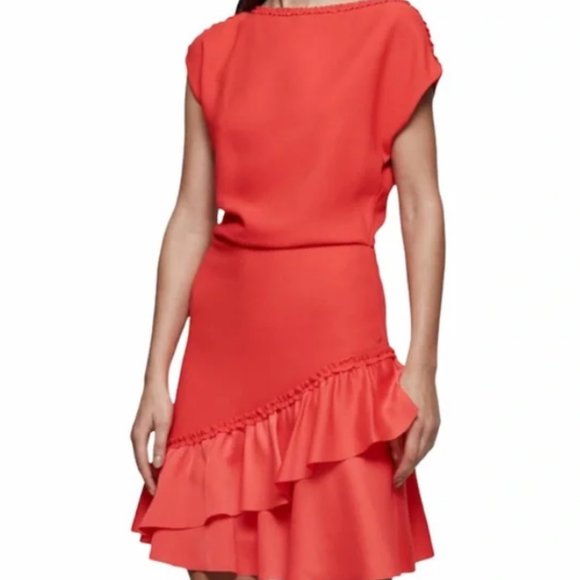 REISS Cecilia Frill-Detail Asymmetric Hem Dress Vermillion Sz 6-8 / M - Picture 4 of 15